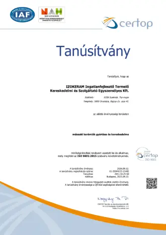 ISO 9001 tanúsítvány - Oxidkerámia gyártás - IZOKERÁM KFT.
