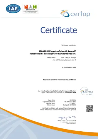 ISO 9001 certificate - Oxide ceramics - IZOKERAM Co. Ltd.